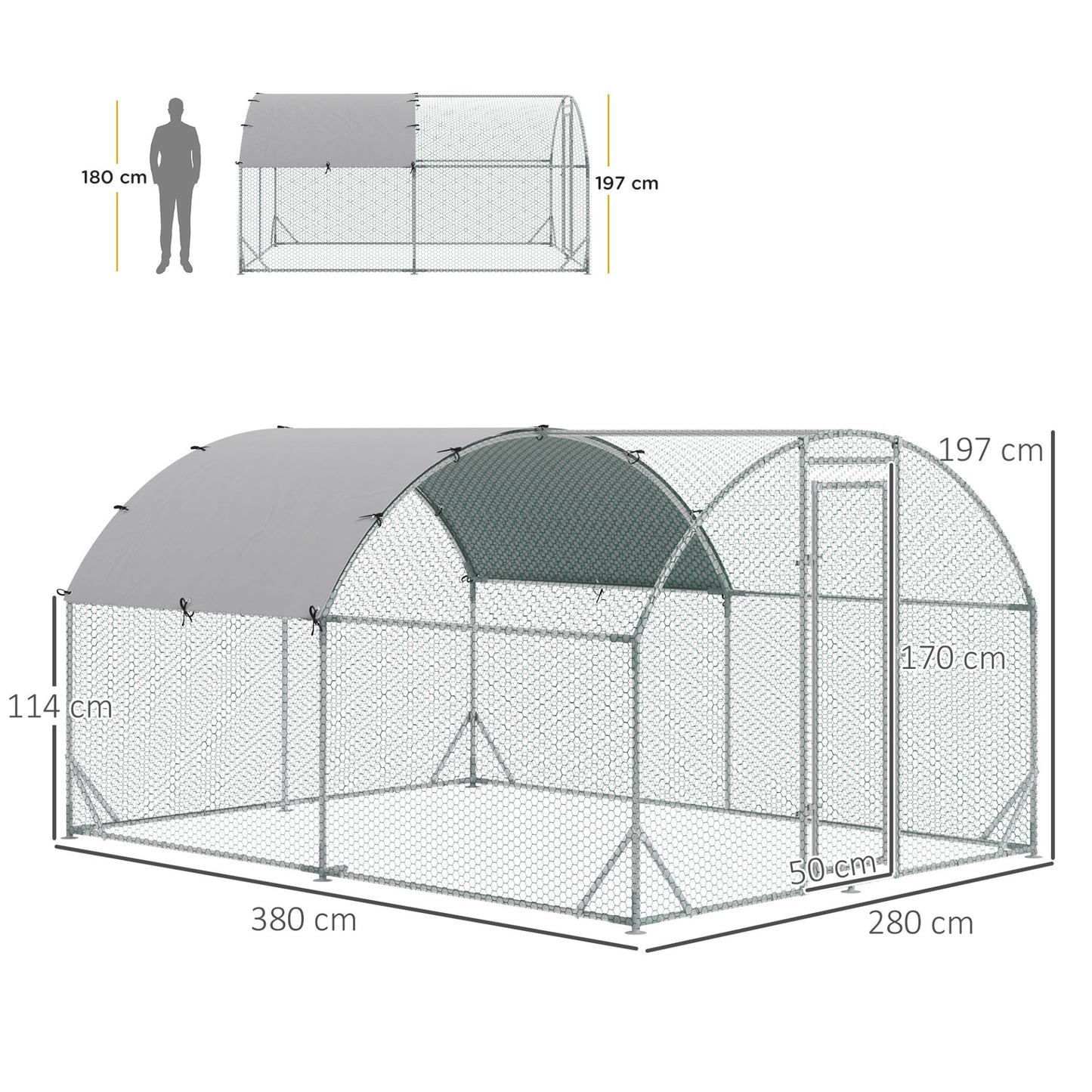 PawHut Walk - In Chicken Run Galvanized Chicken Coop Hen Poultry House Cage Rabbit Hutch Pet Playpen Backyard with Water - Resist Cover, 2.8 x 3.8 x 2m - Baig Merchant