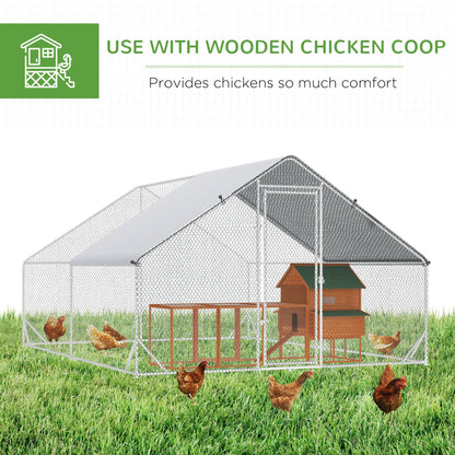 PawHut Walk In Chicken Run Galvanized Chicken Coop Hen Poultry House Cage Rabbit Hutch Pet Playpen Backyard With Water - Resist Cover, 3 x 4 x 2m - Baig Merchant