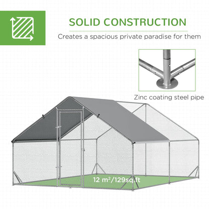 PawHut Walk In Chicken Run Galvanized Chicken Coop Hen Poultry House Cage Rabbit Hutch Pet Playpen Backyard With Water - Resist Cover, 3 x 4 x 2m - Baig Merchant