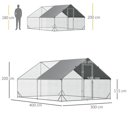 PawHut Walk In Chicken Run Galvanized Chicken Coop Hen Poultry House Cage Rabbit Hutch Pet Playpen Backyard With Water - Resist Cover, 3 x 4 x 2m - Baig Merchant