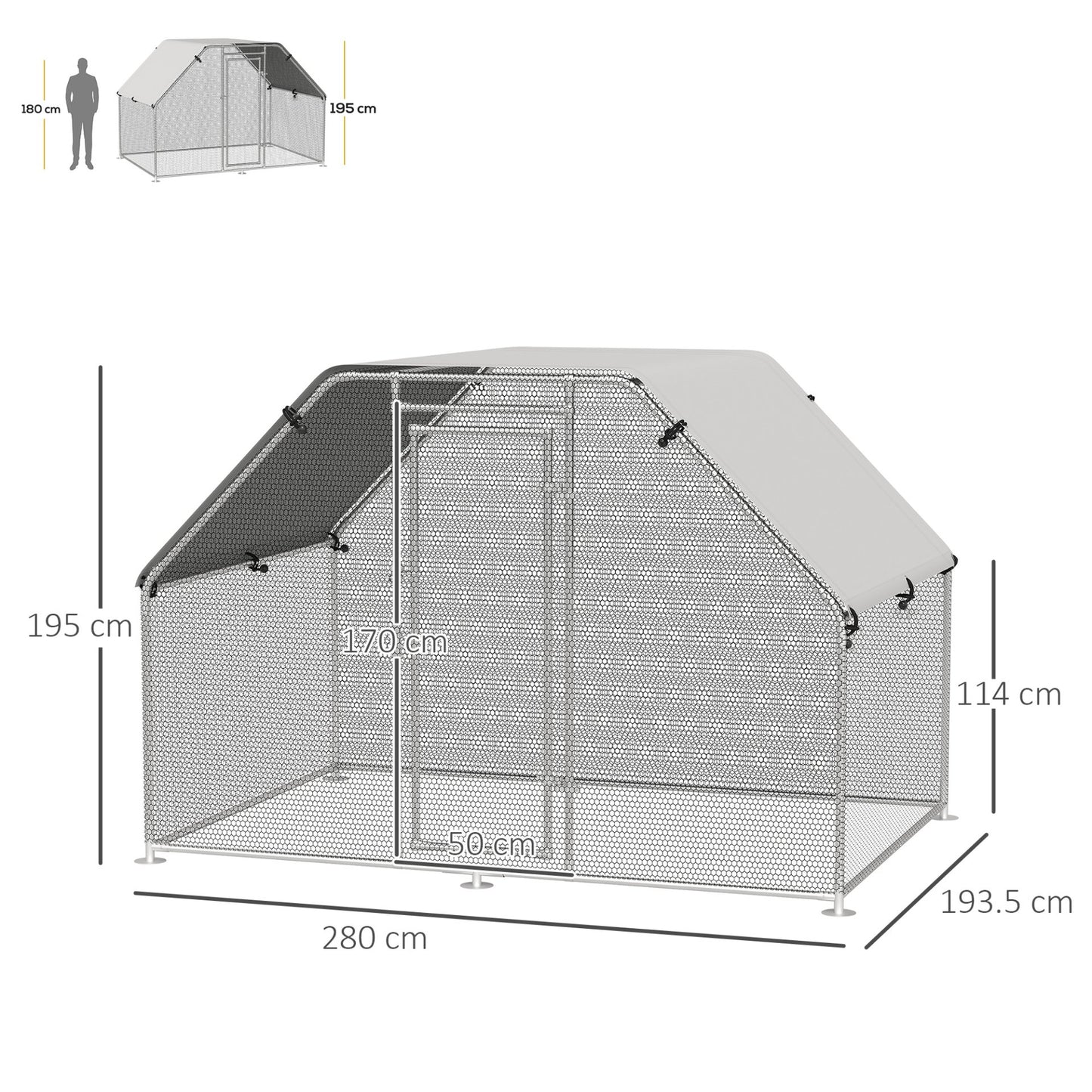 PawHut Walk In Chicken Run Galvanized Coop Hen House for 6 - 8 Chicken Poultry Cages Rabbit Hutch Outdoor Pet Playpen with Water - Resist Cover, 280W x 190D x 195H cm - Baig Merchant