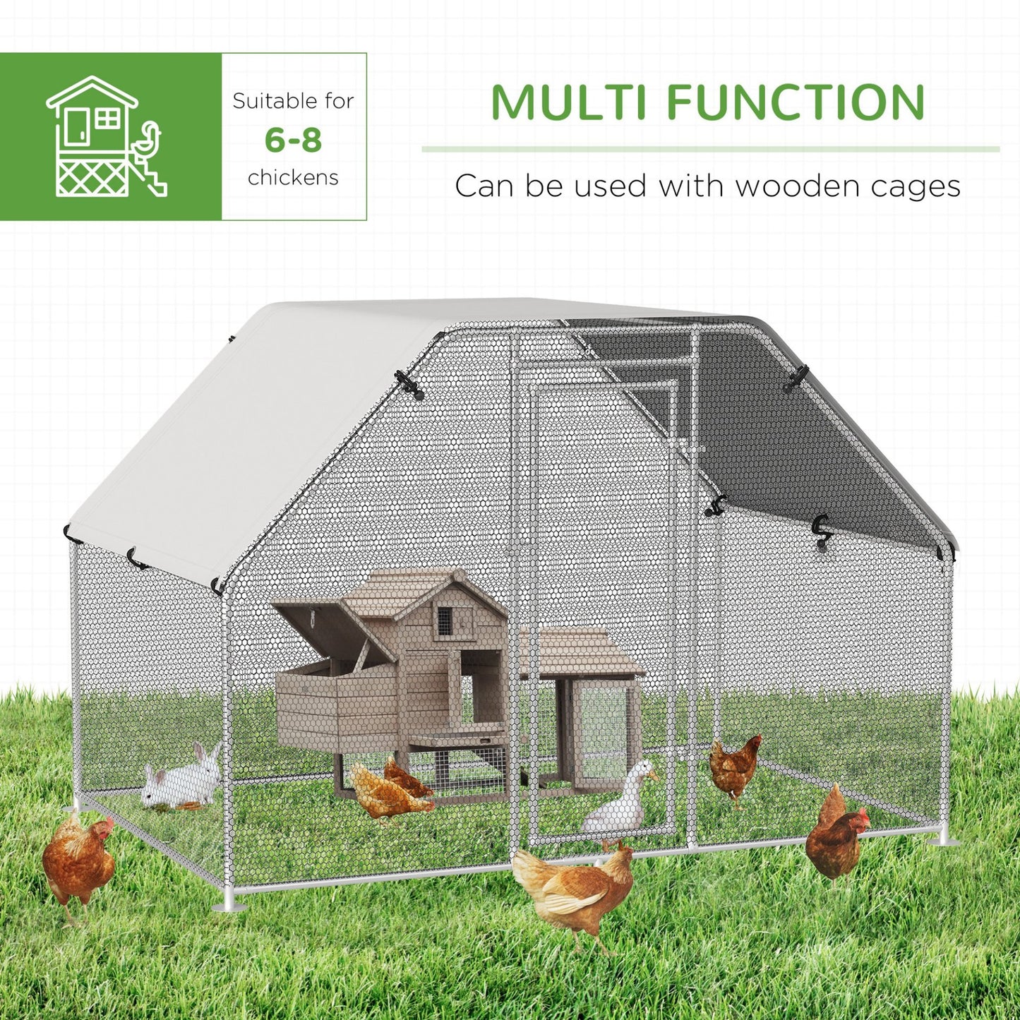 PawHut Walk In Chicken Run Galvanized Coop Hen House for 6 - 8 Chicken Poultry Cages Rabbit Hutch Outdoor Pet Playpen with Water - Resist Cover, 280W x 190D x 195H cm - Baig Merchant