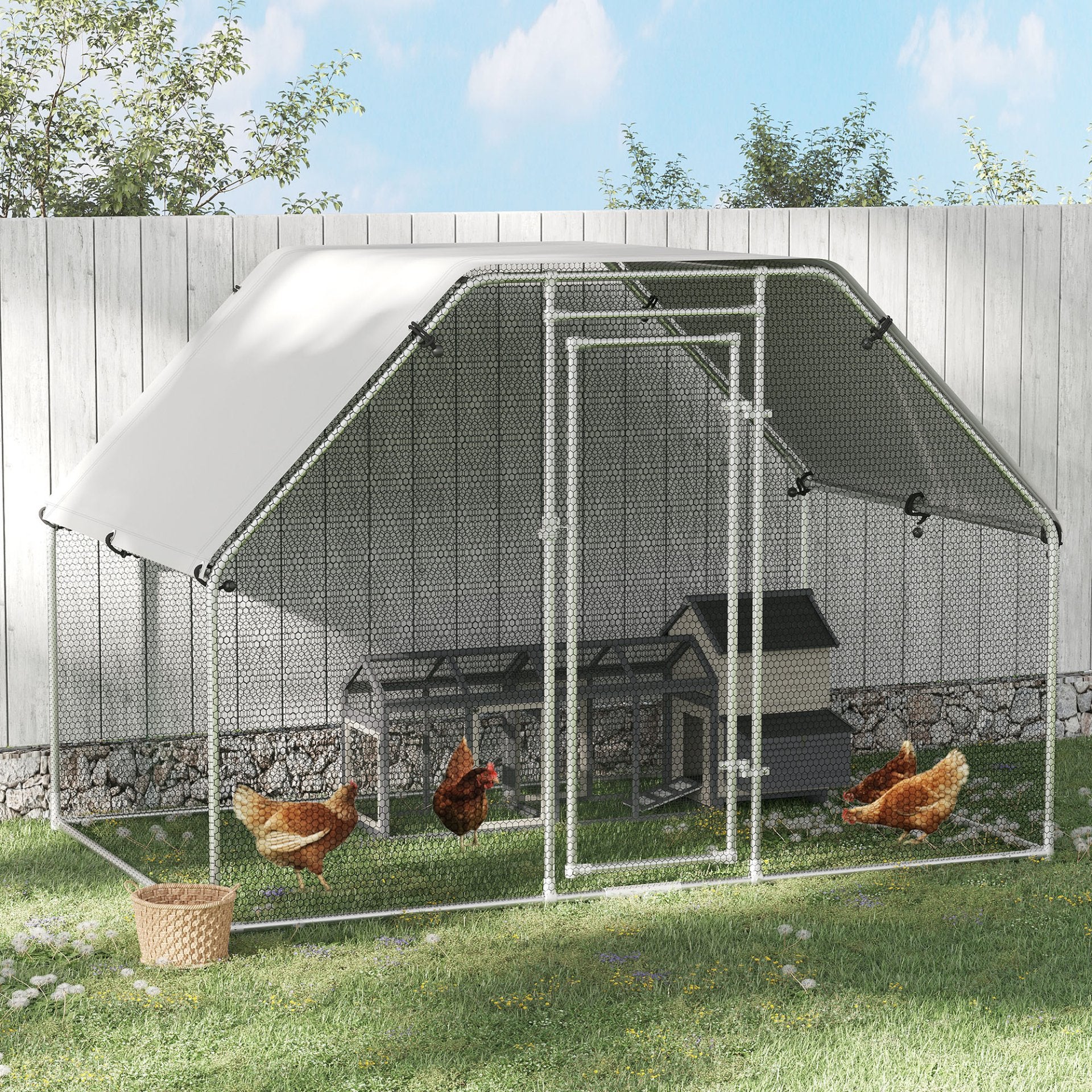 PawHut Walk In Chicken Run Galvanized Coop Hen House for 6 - 8 Chicken Poultry Cages Rabbit Hutch Outdoor Pet Playpen with Water - Resist Cover, 280W x 190D x 195H cm - Baig Merchant