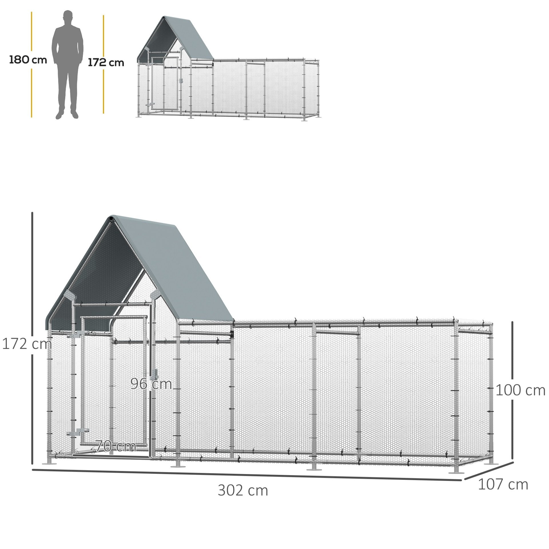 PawHut Walk In Chicken Run, Large Poultry Coop Cage Hen House Rabbit Hutch for 6 - 8 Chickens Outdoor Galvanized Metal Enclosure w/ Water - Resist Cover 302 x 107 x 172cm - Baig Merchant