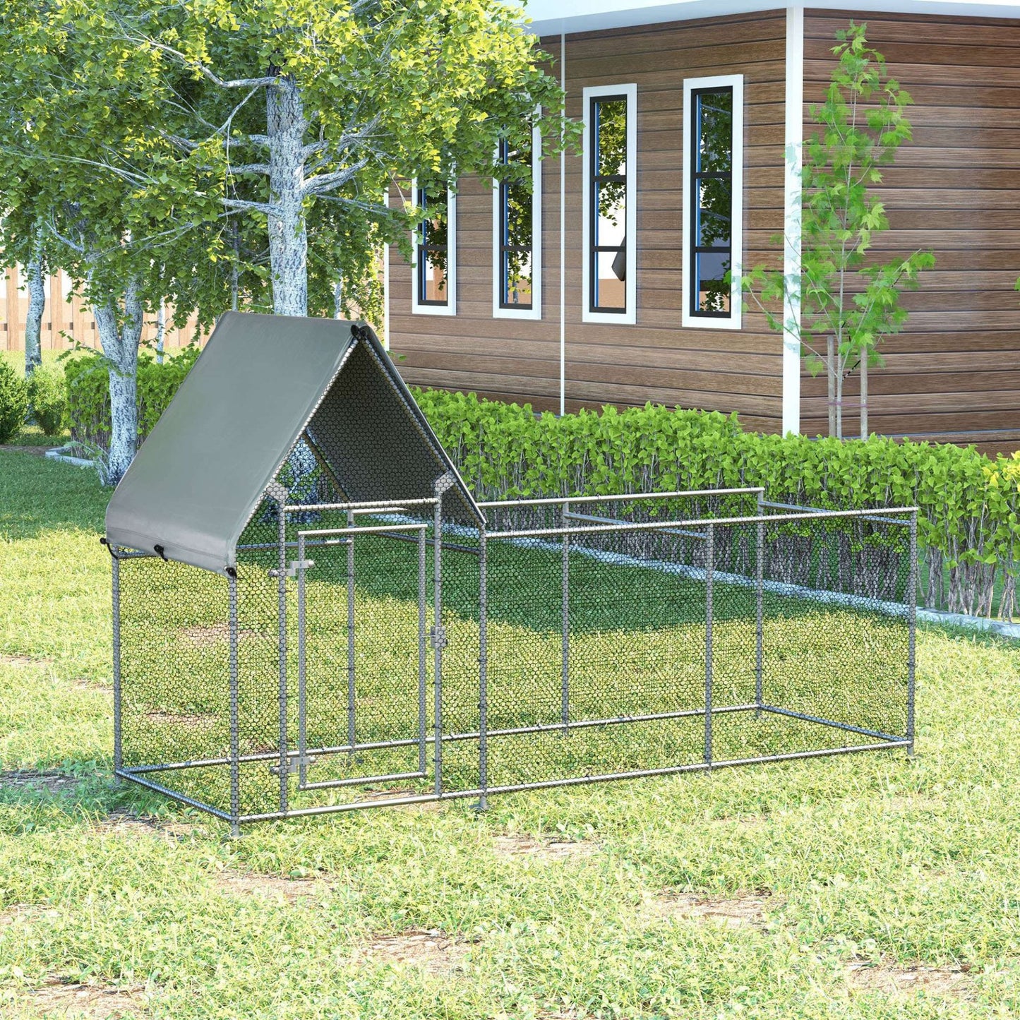 PawHut Walk In Chicken Run, Large Poultry Coop Cage Hen House Rabbit Hutch for 6 - 8 Chickens Outdoor Galvanized Metal Enclosure w/ Water - Resist Cover 302 x 107 x 172cm - Baig Merchant