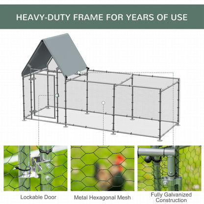 PawHut Walk In Chicken Run, Large Poultry Coop Cage Hen House Rabbit Hutch for 6 - 8 Chickens Outdoor Galvanized Metal Enclosure w/ Water - Resist Cover 302 x 107 x 172cm - Baig Merchant