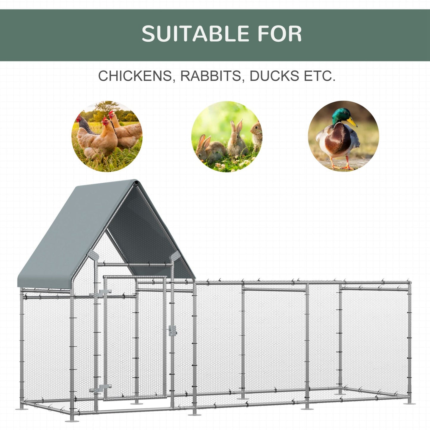 PawHut Walk In Chicken Run, Large Poultry Coop Cage Hen House Rabbit Hutch for 6 - 8 Chickens Outdoor Galvanized Metal Enclosure w/ Water - Resist Cover 302 x 107 x 172cm - Baig Merchant