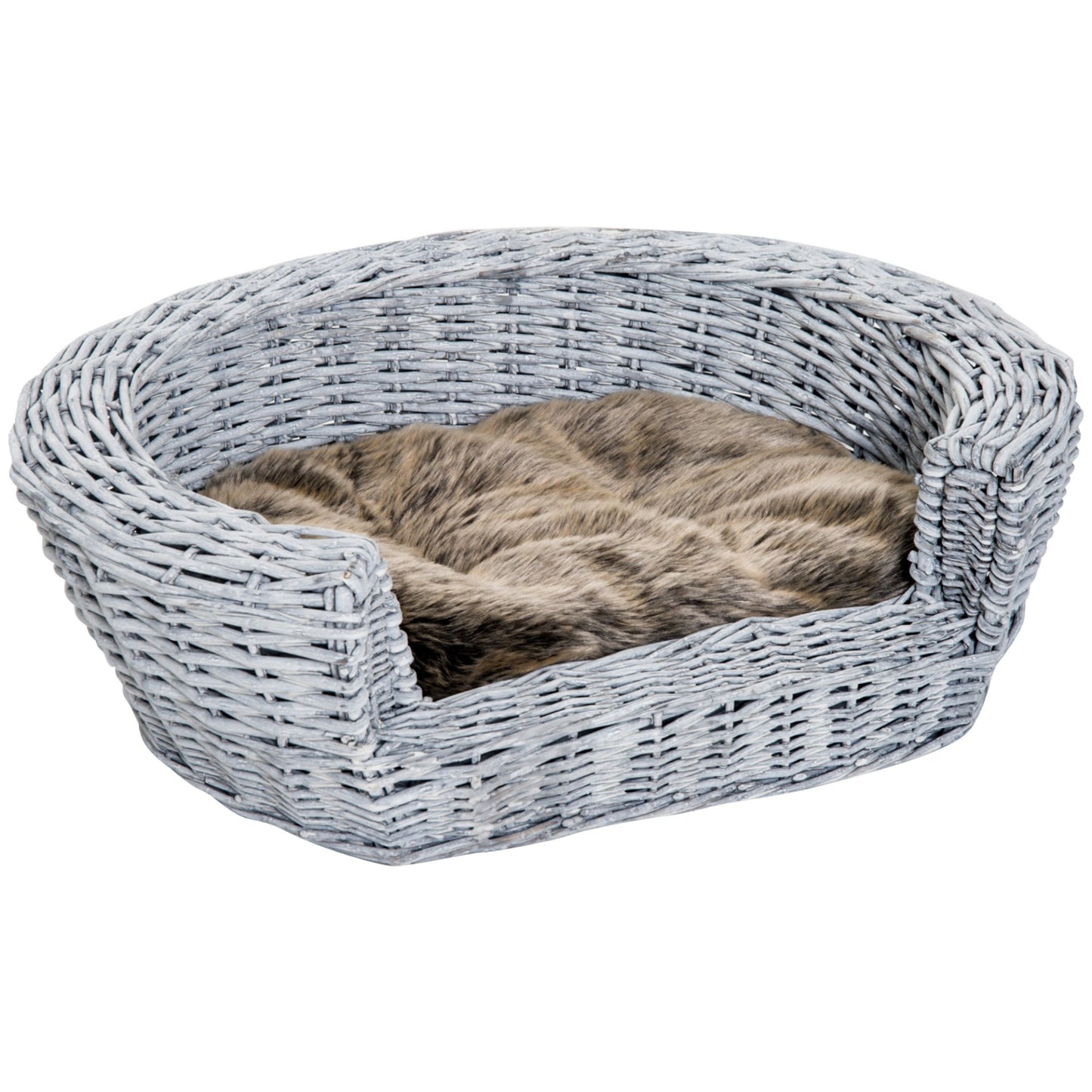 PawHut Wicker Pet Bed Willow Dog Cat Sofa Couch Puppy Basket with Cushion Grey 57L x 46W x 17.5H cm - Baig Merchant