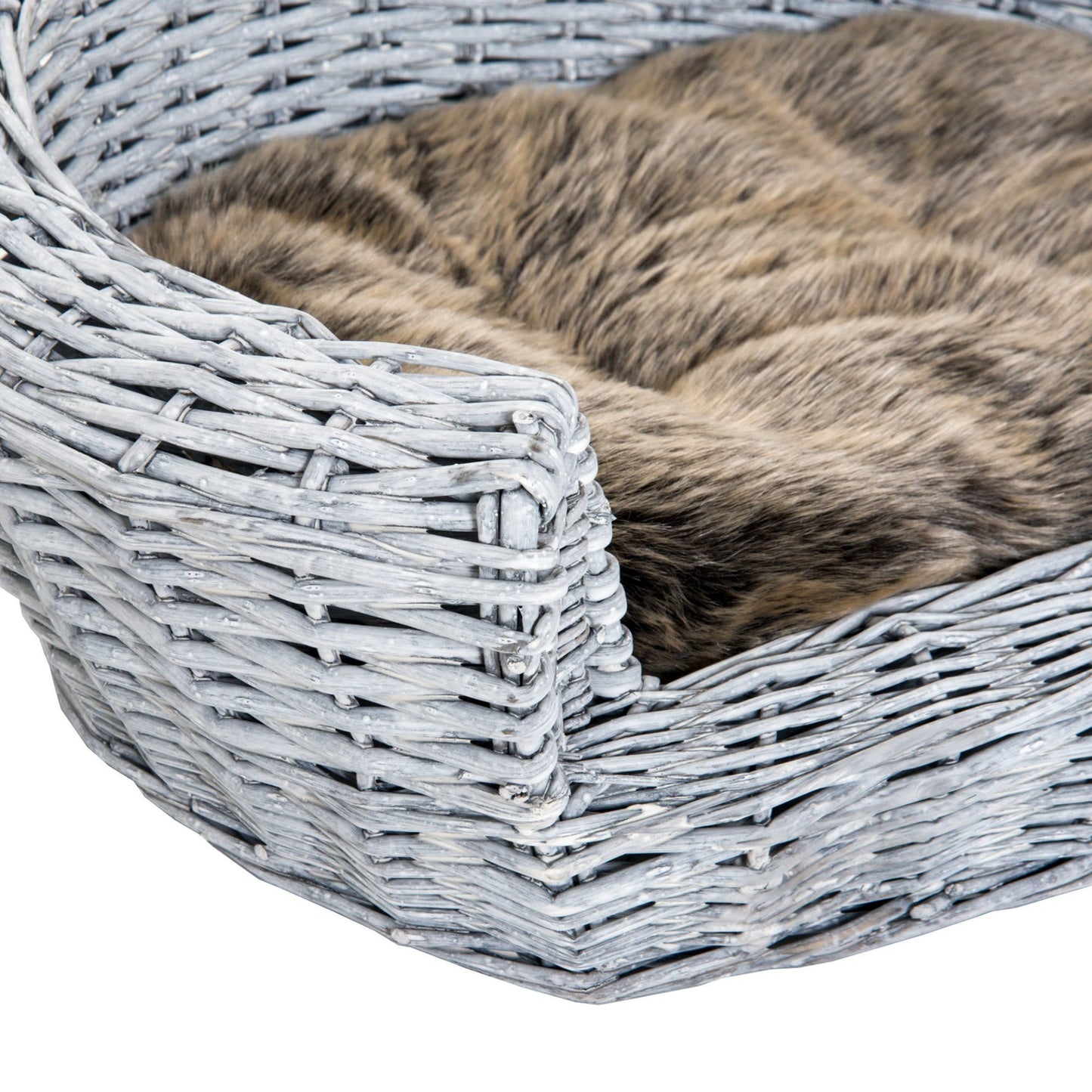 PawHut Wicker Pet Bed Willow Dog Cat Sofa Couch Puppy Basket with Cushion Grey 57L x 46W x 17.5H cm - Baig Merchant