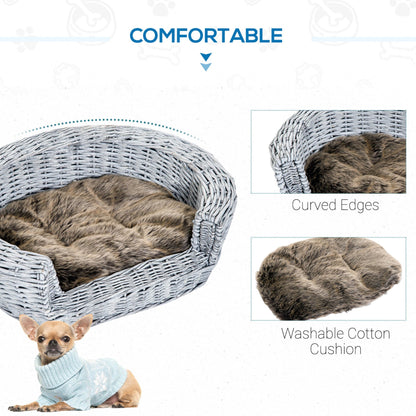 PawHut Wicker Pet Bed Willow Dog Cat Sofa Couch Puppy Basket with Cushion Grey 57L x 46W x 17.5H cm - Baig Merchant