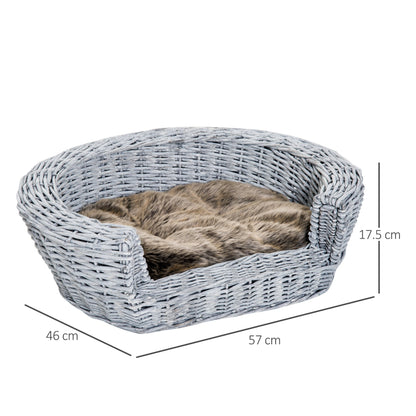 PawHut Wicker Pet Bed Willow Dog Cat Sofa Couch Puppy Basket with Cushion Grey 57L x 46W x 17.5H cm - Baig Merchant