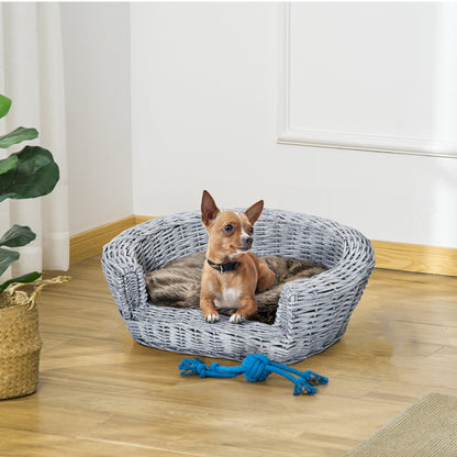 PawHut Wicker Pet Bed Willow Dog Cat Sofa Couch Puppy Basket with Cushion Grey 57L x 46W x 17.5H cm - Baig Merchant