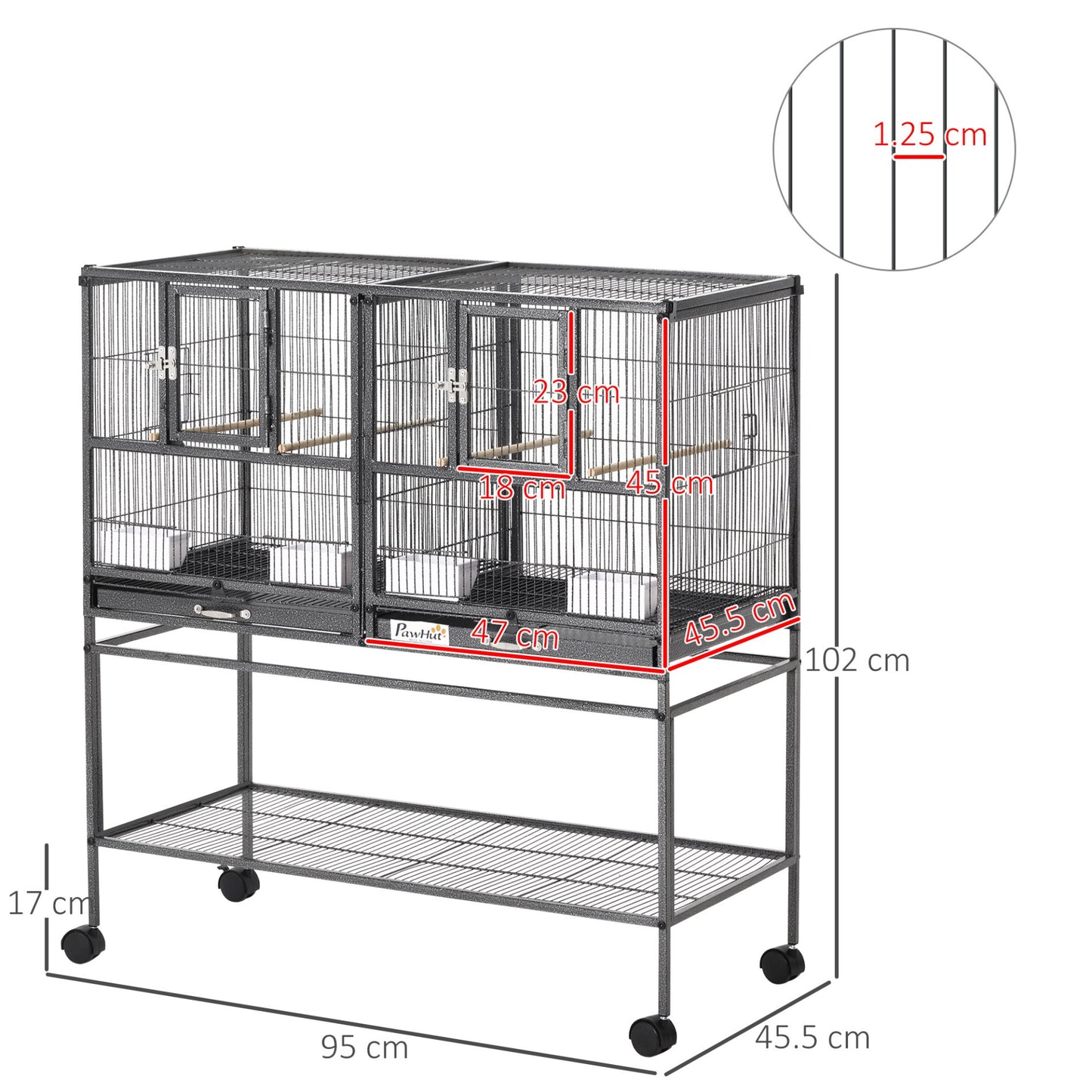 PawHut Wide Large Metal Bird Cage for Finch Canaries Parakeets Cockatiels with Rolling Stand, Removable Metal Tray, Storage Shelf, Wood Perch - Baig Merchant