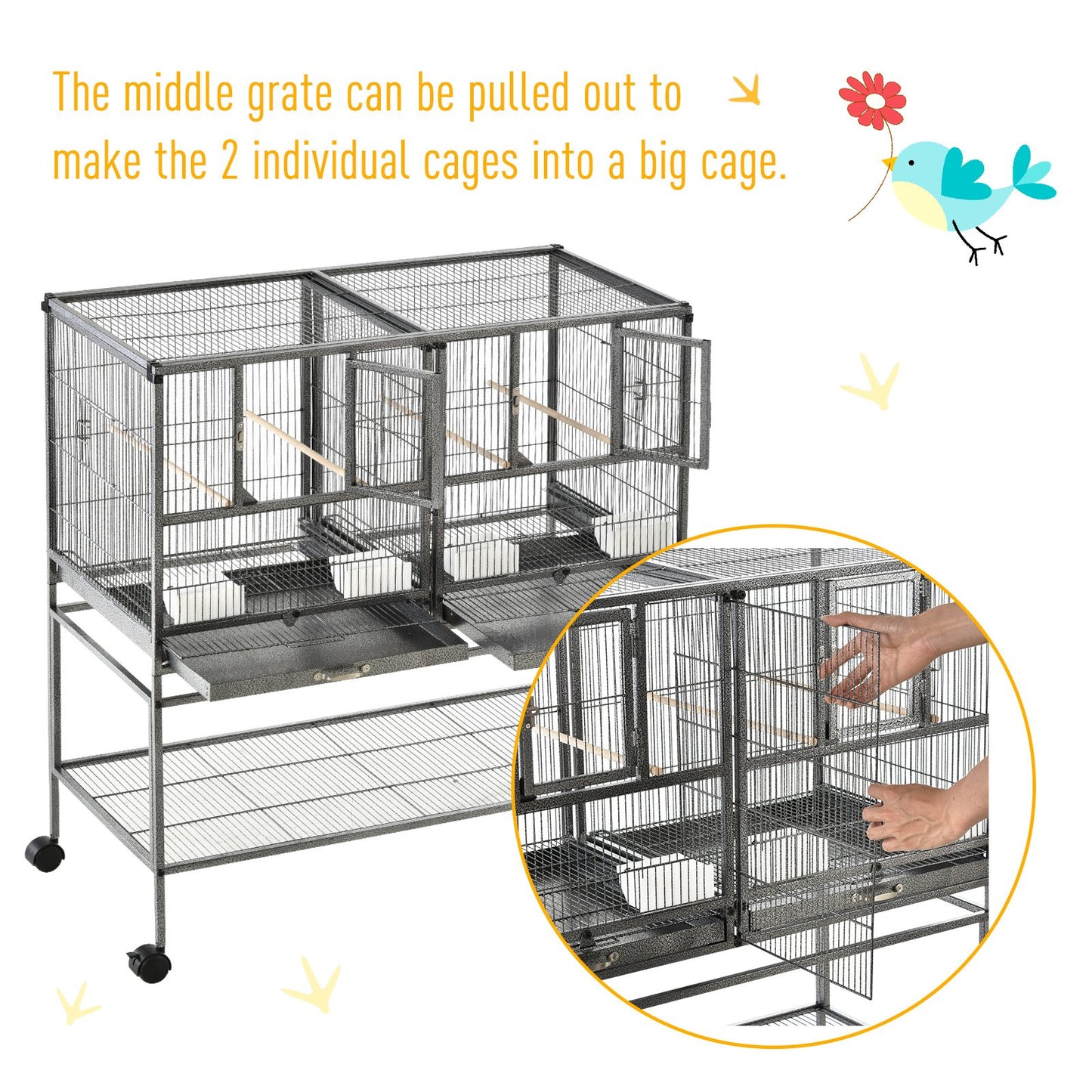 PawHut Wide Large Metal Bird Cage for Finch Canaries Parakeets Cockatiels with Rolling Stand, Removable Metal Tray, Storage Shelf, Wood Perch - Baig Merchant