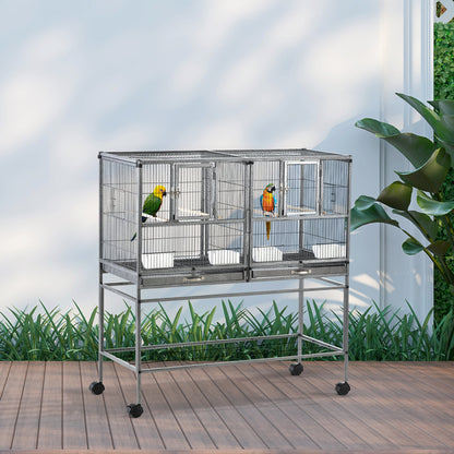 PawHut Wide Large Metal Bird Cage for Finch Canaries Parakeets Cockatiels with Rolling Stand, Removable Metal Tray, Storage Shelf, Wood Perch - Baig Merchant