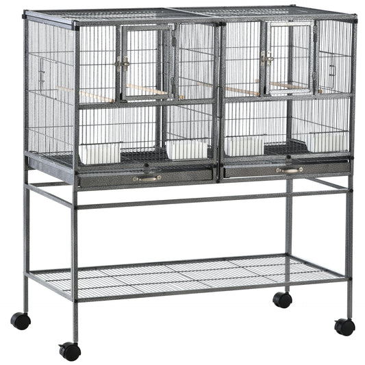 PawHut Wide Large Metal Bird Cage for Finch Canaries Parakeets Cockatiels with Rolling Stand, Removable Metal Tray, Storage Shelf, Wood Perch - Baig Merchant