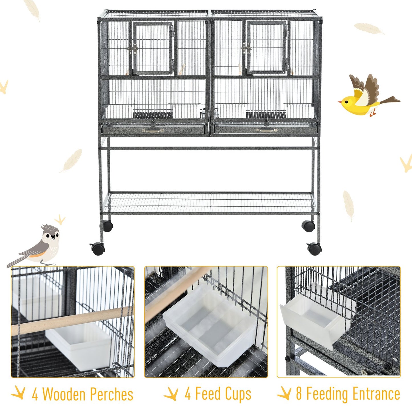 PawHut Wide Large Metal Bird Cage for Finch Canaries Parakeets Cockatiels with Rolling Stand, Removable Metal Tray, Storage Shelf, Wood Perch - Baig Merchant