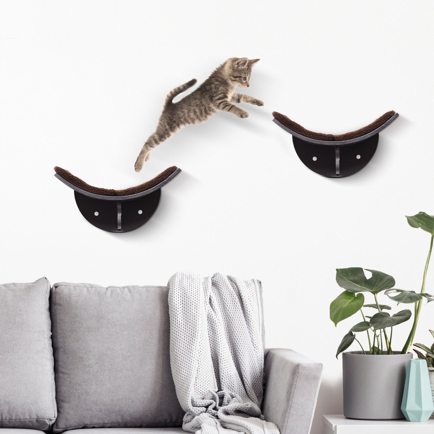 PawHut Wood Cat Shelves Wall - Mounted Shelter Curved Kitten Bed Cat Perch Climber Cat Furniture 41 x 28 x 21cm Brown - Baig Merchant