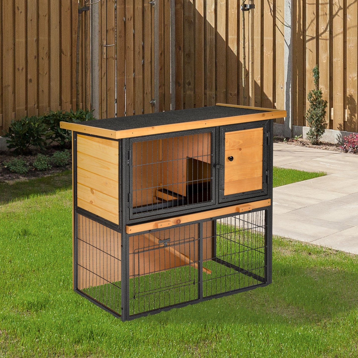 PawHut Wood - metal Rabbit Hutch Guinea Pig Hutch Elevated Pet House Bunny Cage with Slide - Out Tray Openable Roof Outdoor 89.5 x 45 x 81cm Light Yellow - Baig Merchant