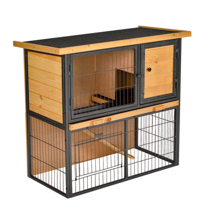 PawHut Wood - metal Rabbit Hutch Guinea Pig Hutch Elevated Pet House Bunny Cage with Slide - Out Tray Openable Roof Outdoor 89.5 x 45 x 81cm Light Yellow - Baig Merchant