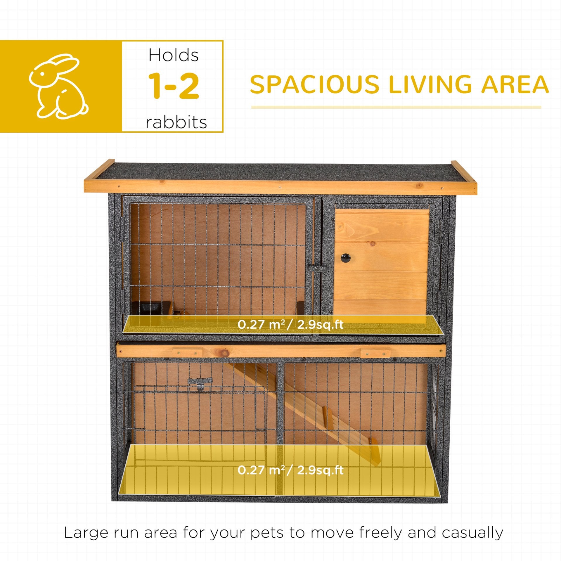 PawHut Wood - metal Rabbit Hutch Guinea Pig Hutch Elevated Pet House Bunny Cage with Slide - Out Tray Openable Roof Outdoor 89.5 x 45 x 81cm Light Yellow - Baig Merchant