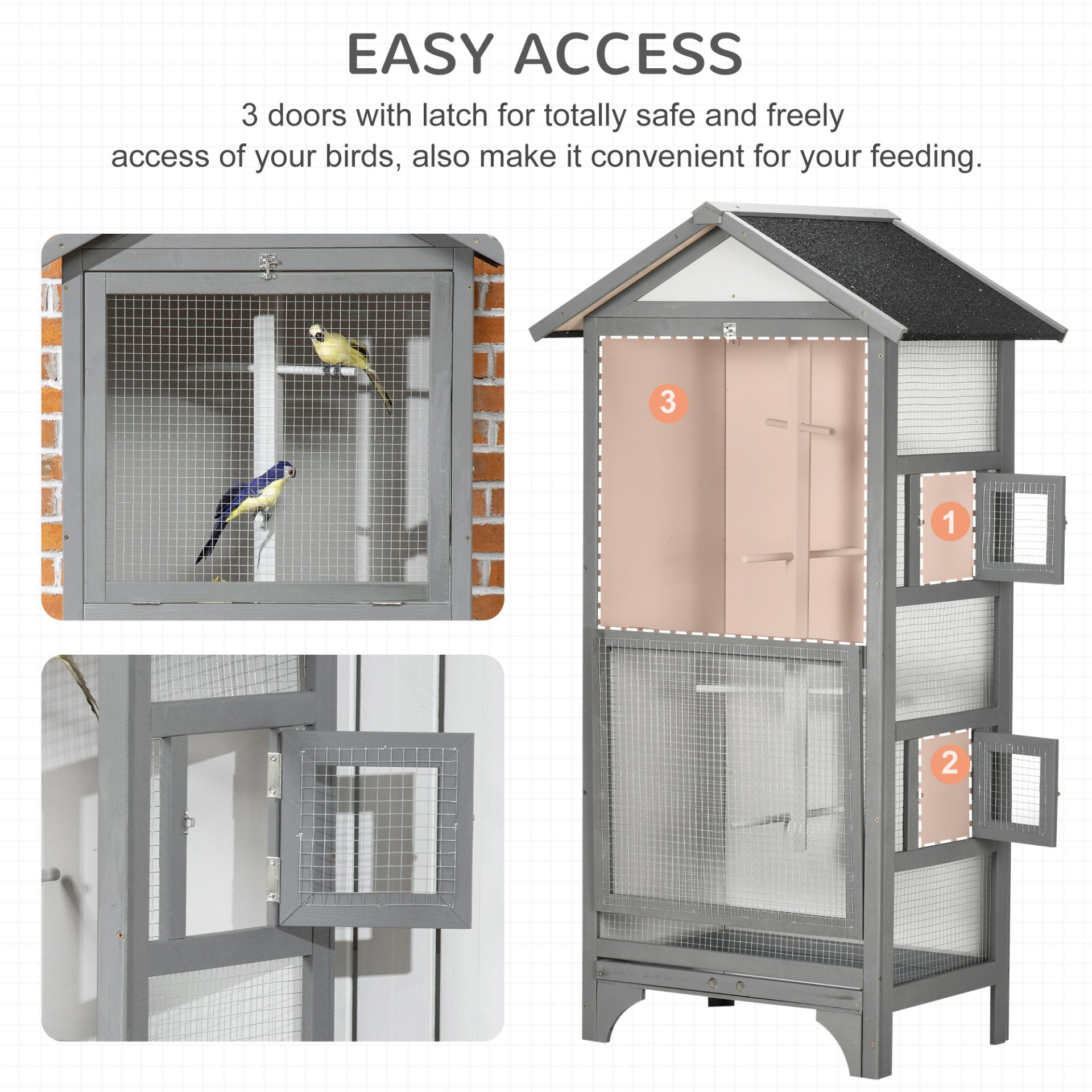 PawHut Wooden Bird Aviary Outdoor Bird Cage for Finch, Canary w/ Removable Tray, Asphalt Roof - Grey - Baig Merchant