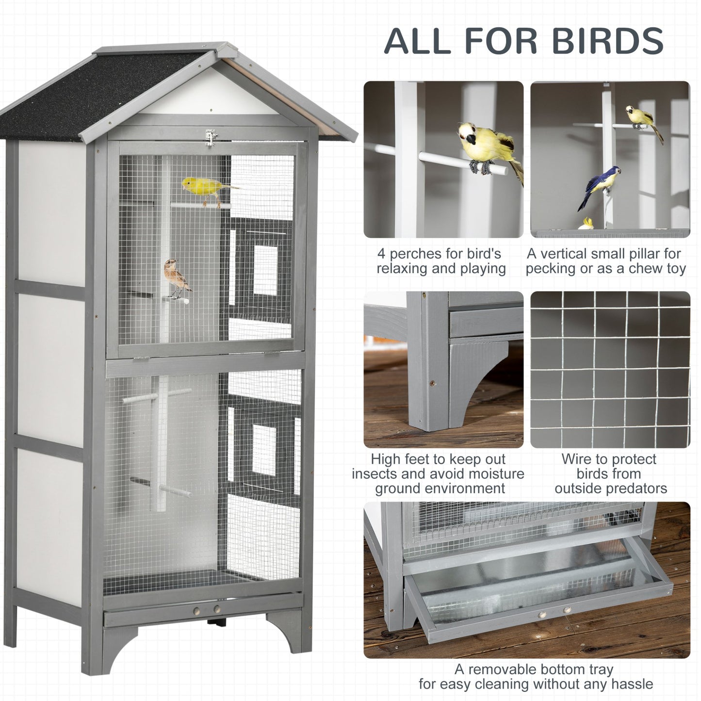 PawHut Wooden Bird Aviary Outdoor Bird Cage for Finch, Canary w/ Removable Tray, Asphalt Roof - Grey - Baig Merchant