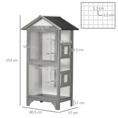 PawHut Wooden Bird Aviary Outdoor Bird Cage for Finch, Canary w/ Removable Tray, Asphalt Roof - Grey - Baig Merchant