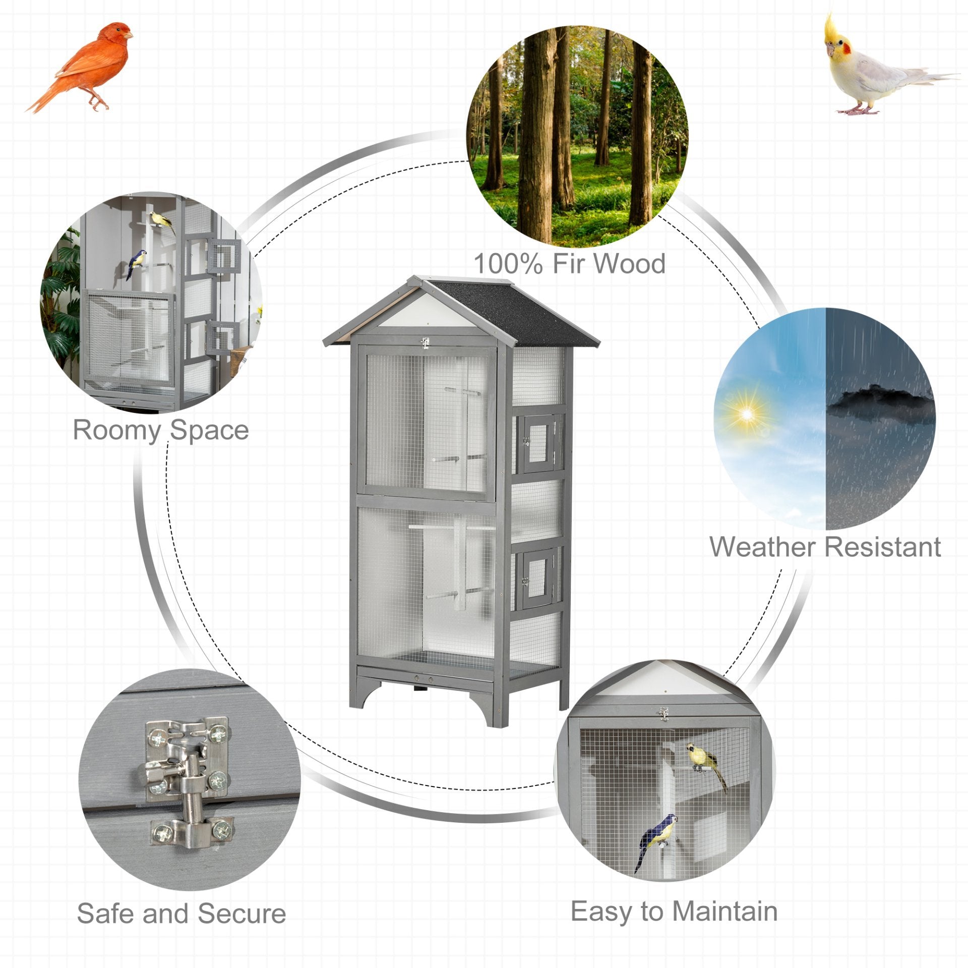 PawHut Wooden Bird Aviary Outdoor Bird Cage for Finch, Canary w/ Removable Tray, Asphalt Roof - Grey - Baig Merchant