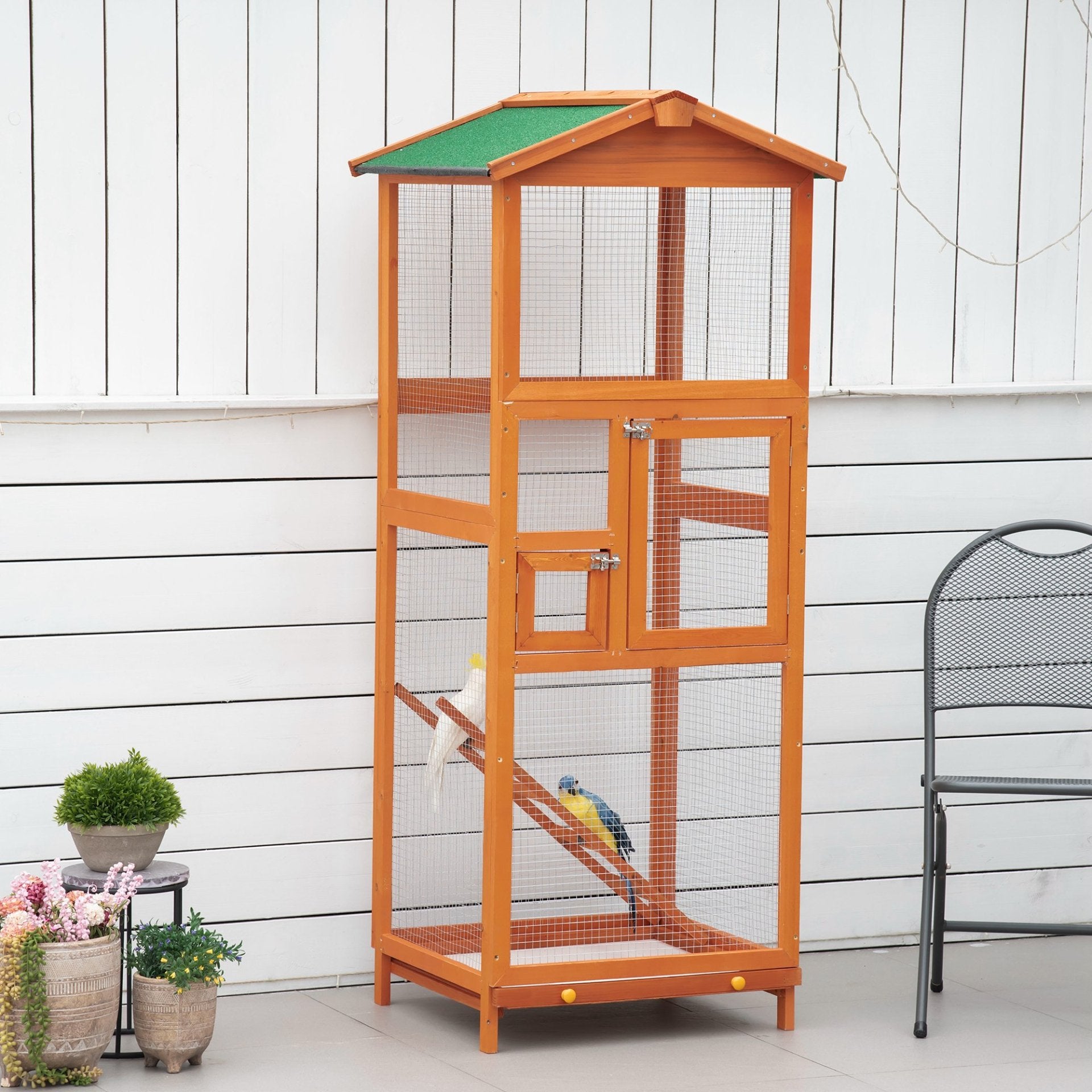 PawHut Wooden Bird Cage Outdoor Aviary Cage w/ Removable Tray, Two Doors - Orange - Baig Merchant