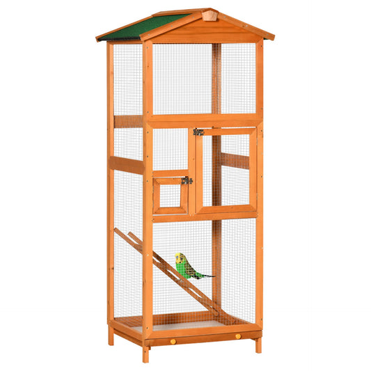 PawHut Wooden Bird Cage Outdoor Aviary Cage w/ Removable Tray, Two Doors - Orange - Baig Merchant