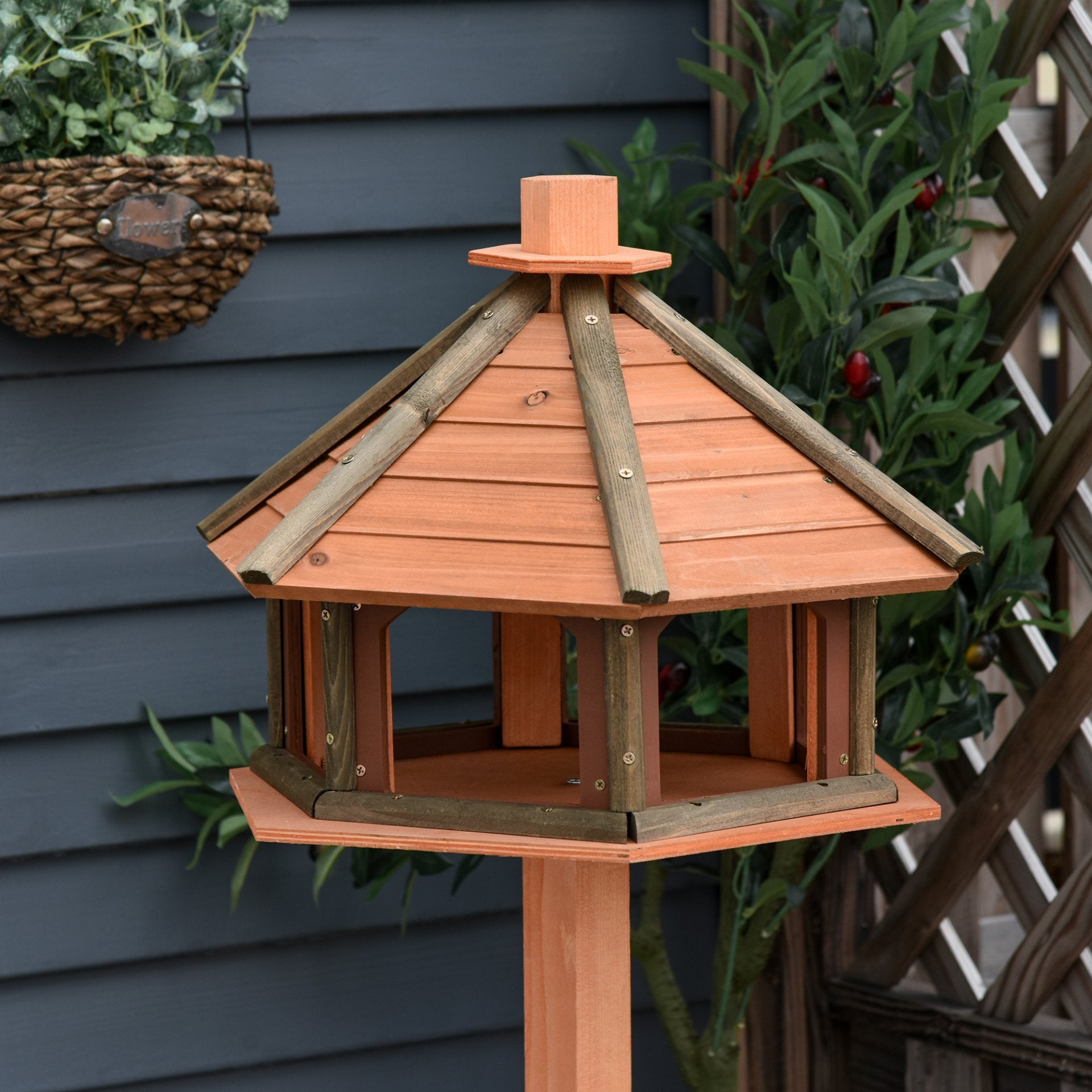 PawHut Wooden Bird Feeder Bird Table Bird House Playstand with Roof 130cm for Outside Use Brown - Baig Merchant