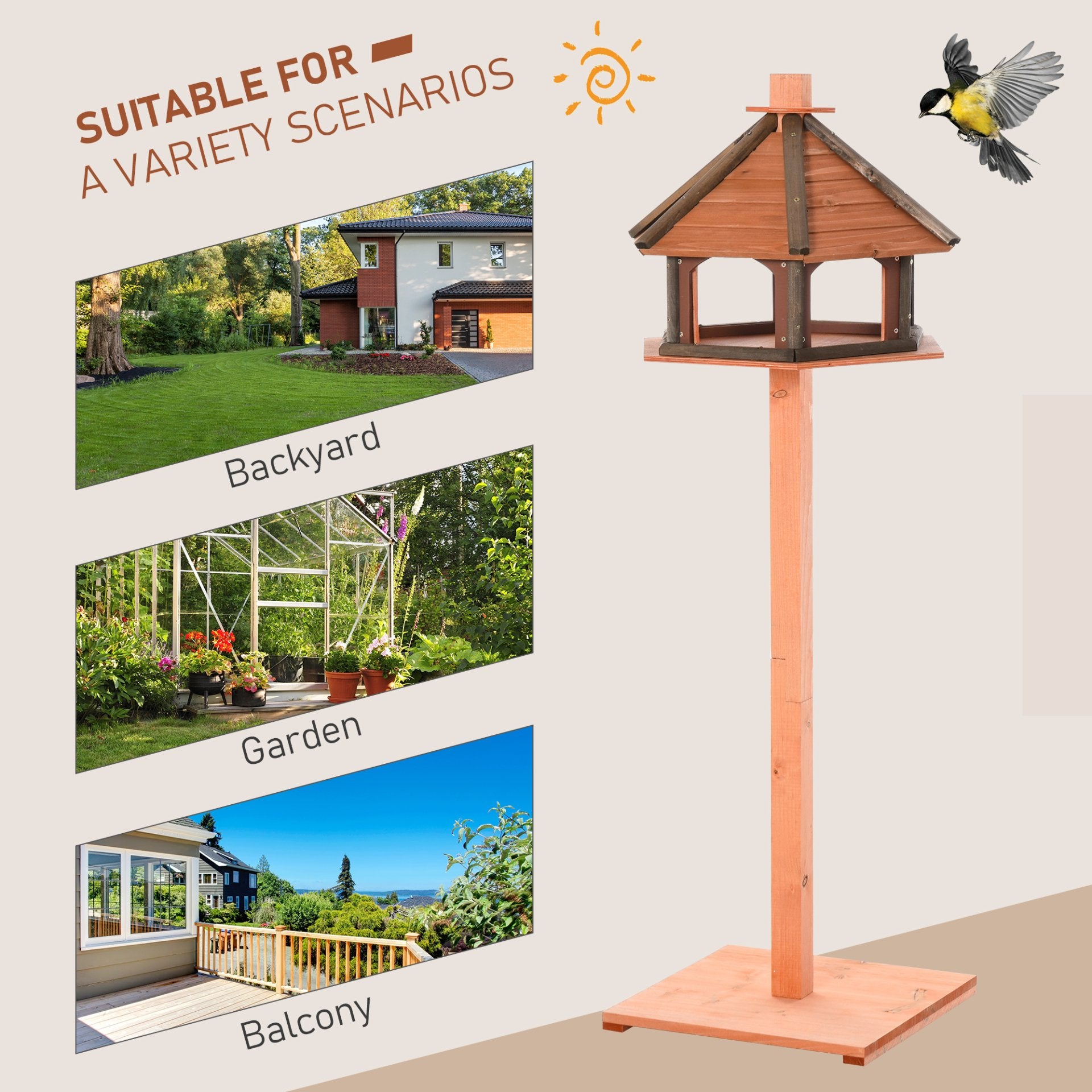 PawHut Wooden Bird Feeder Bird Table Bird House Playstand with Roof 130cm for Outside Use Brown - Baig Merchant