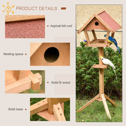 PawHut Wooden Bird Feeder Table Freestanding for Garden Backyard Outside Decorative Pre - cut Weather Resistant Roof 49 x 45 x 139 cm Natural - Baig Merchant