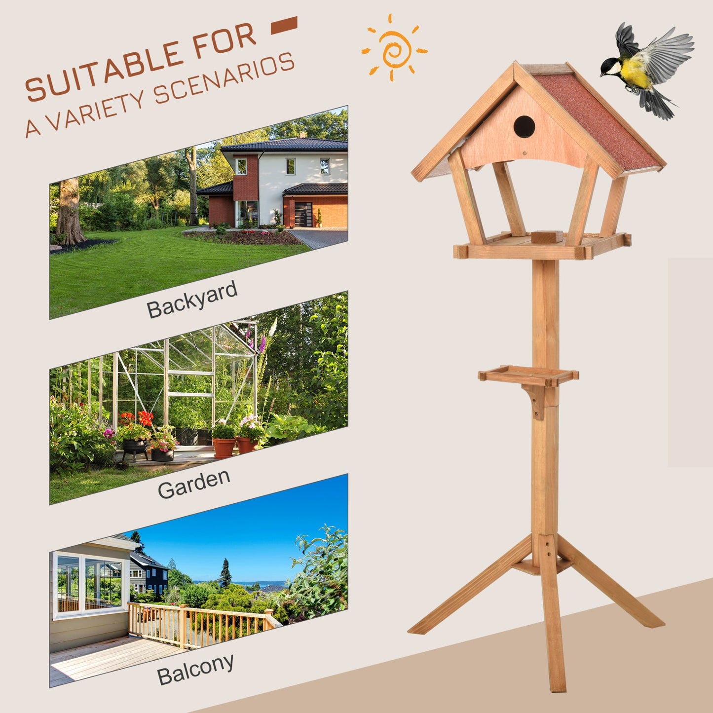 PawHut Wooden Bird Feeder Table Freestanding for Garden Backyard Outside Decorative Pre - cut Weather Resistant Roof 49 x 45 x 139 cm Natural - Baig Merchant