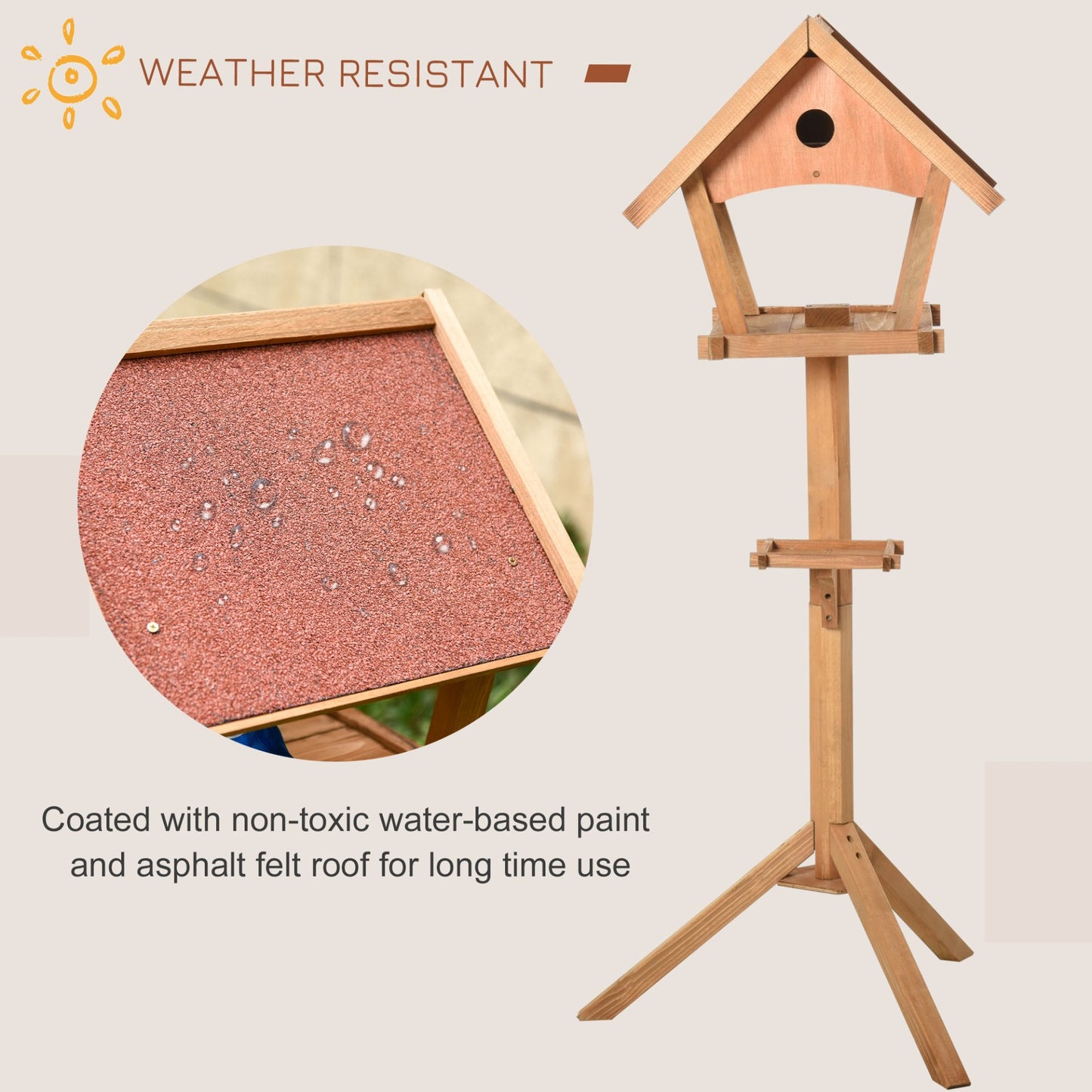 PawHut Wooden Bird Feeder Table Freestanding for Garden Backyard Outside Decorative Pre - cut Weather Resistant Roof 49 x 45 x 139 cm Natural - Baig Merchant