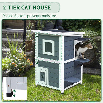 PawHut Wooden Cat House 2 - Floor Outdoor Kitten Shelter with Window Grey - Baig Merchant