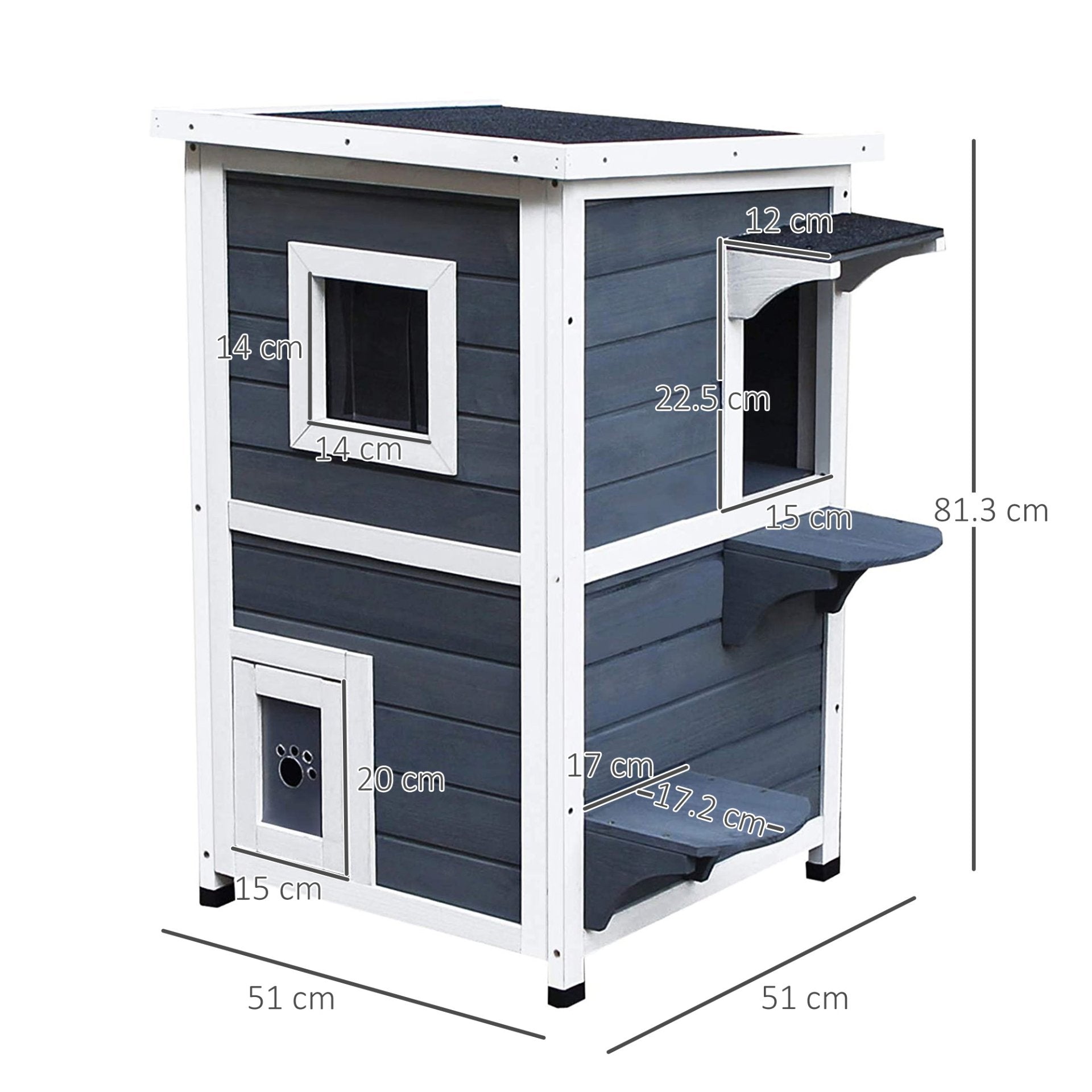 PawHut Wooden Cat House 2 - Floor Outdoor Kitten Shelter with Window Grey - Baig Merchant