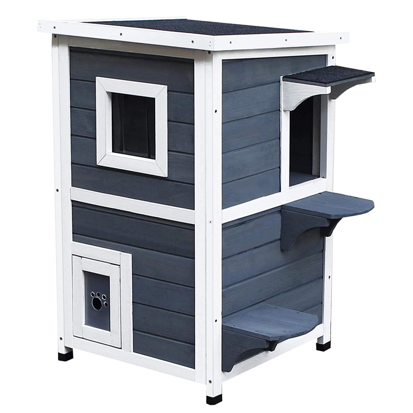 PawHut Wooden Cat House 2 - Floor Outdoor Kitten Shelter with Window Grey - Baig Merchant