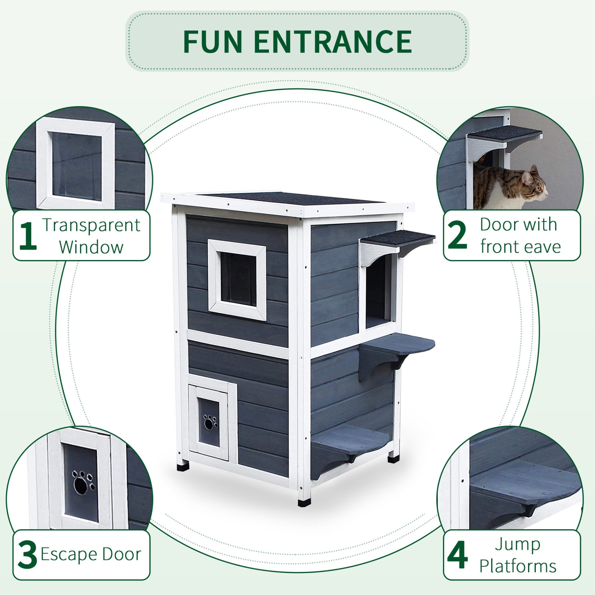 PawHut Wooden Cat House 2 - Floor Outdoor Kitten Shelter with Window Grey - Baig Merchant