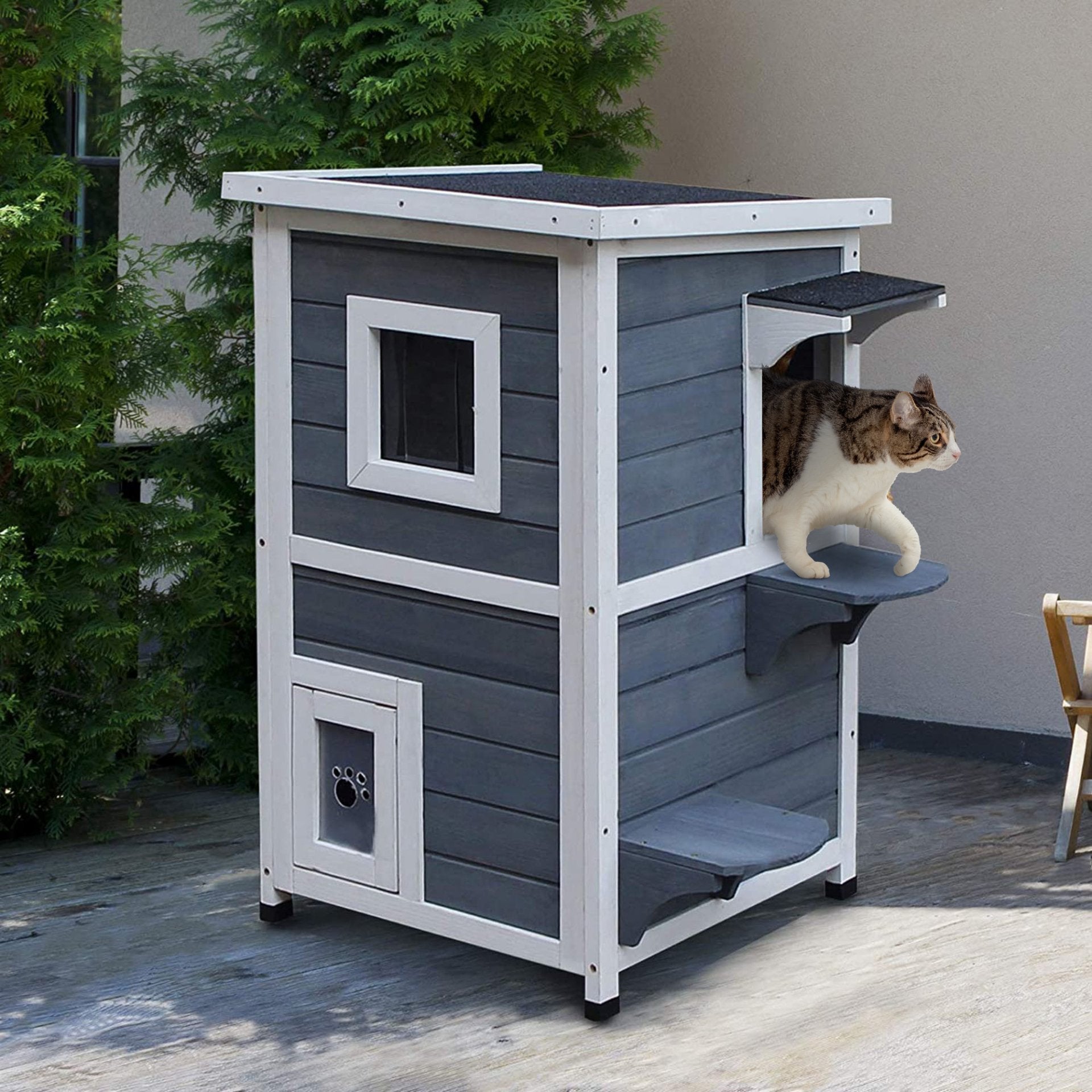 PawHut Wooden Cat House 2 - Floor Outdoor Kitten Shelter with Window Grey - Baig Merchant