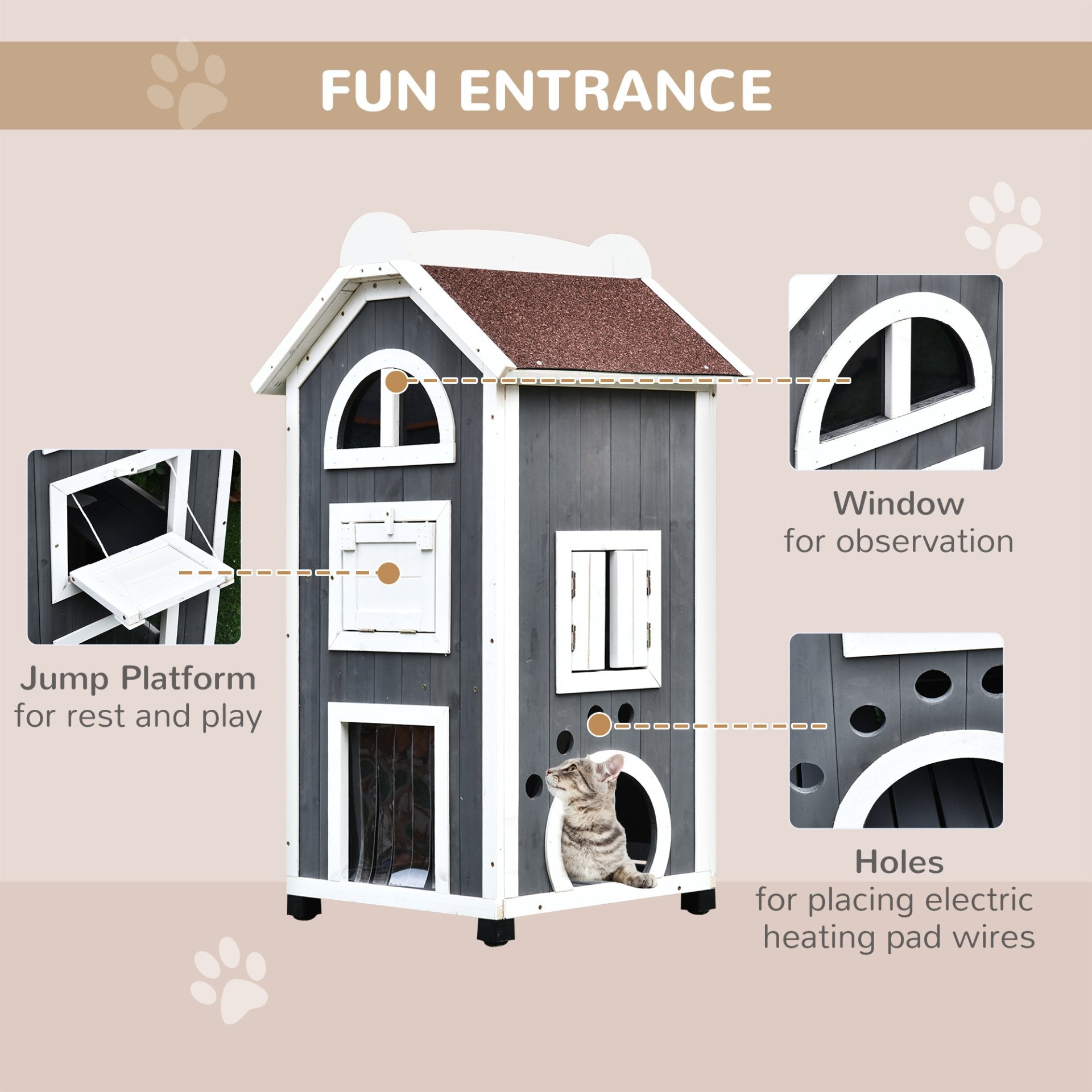 PawHut Wooden Cat House, Weatherproof Pet Shelter, Outdoor Cat Condos Cave, 2 Floor Furniture, Grey and White - Baig Merchant