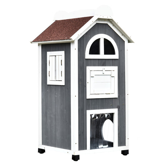 PawHut Wooden Cat House, Weatherproof Pet Shelter, Outdoor Cat Condos Cave, 2 Floor Furniture, Grey and White - Baig Merchant