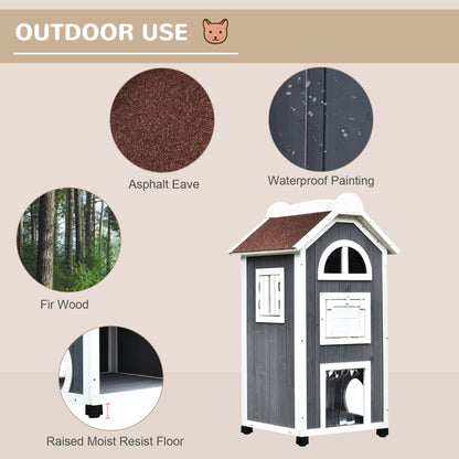 PawHut Wooden Cat House, Weatherproof Pet Shelter, Outdoor Cat Condos Cave, 2 Floor Furniture, Grey and White - Baig Merchant