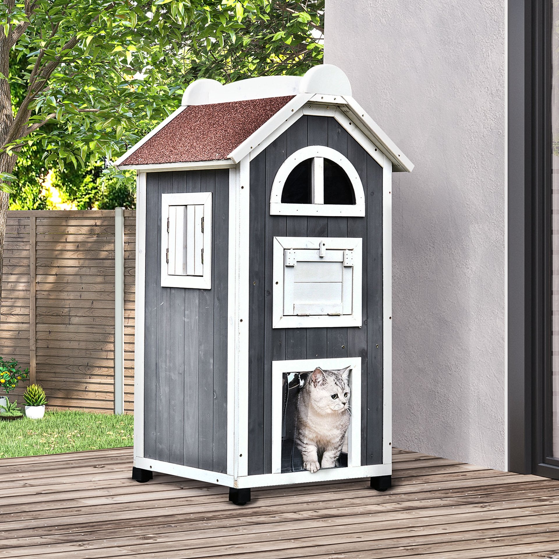 PawHut Wooden Cat House, Weatherproof Pet Shelter, Outdoor Cat Condos Cave, 2 Floor Furniture, Grey and White - Baig Merchant