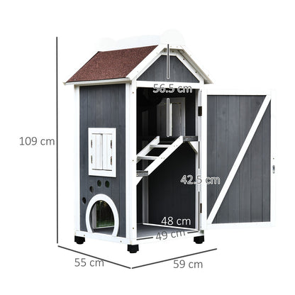 PawHut Wooden Cat House, Weatherproof Pet Shelter, Outdoor Cat Condos Cave, 2 Floor Furniture, Grey and White - Baig Merchant