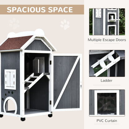 PawHut Wooden Cat House, Weatherproof Pet Shelter, Outdoor Cat Condos Cave, 2 Floor Furniture, Grey and White - Baig Merchant