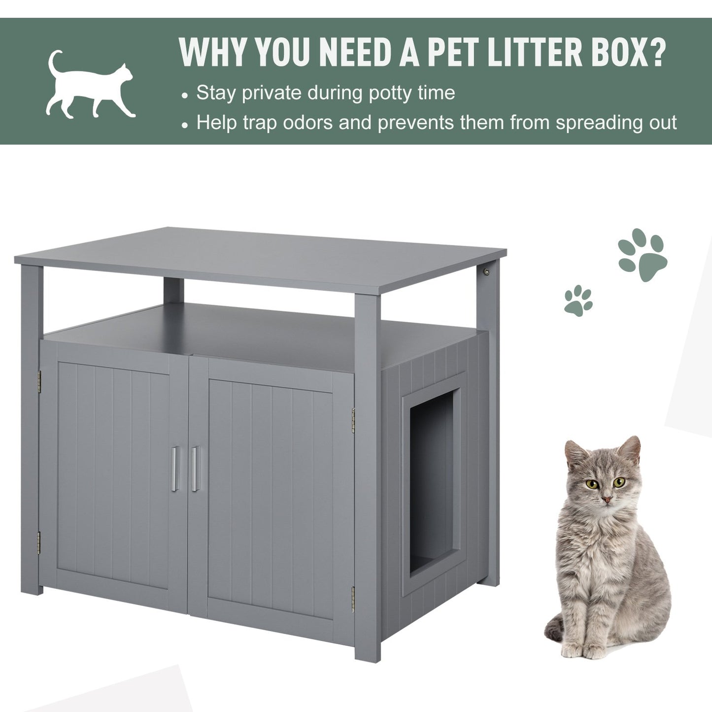 PawHut Wooden Cat Litter Box Enclosure Furniture with Adjustable Interior Wall & Large Tabletop for Nightstand, Grey - Baig Merchant