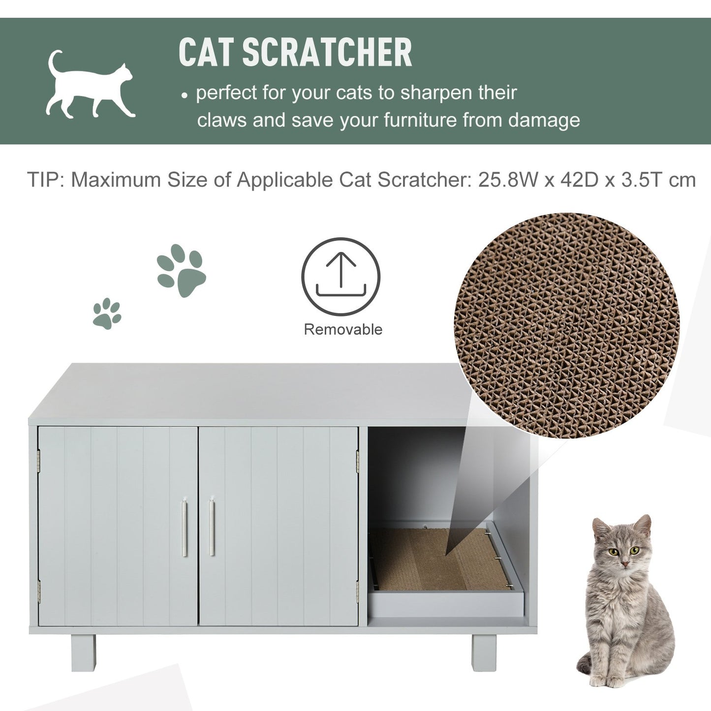 PawHut Wooden Cat Litter Box Enclosure & House with Nightstand/End Table Design, Scratcher, & Magnetic Doors, Grey - Baig Merchant