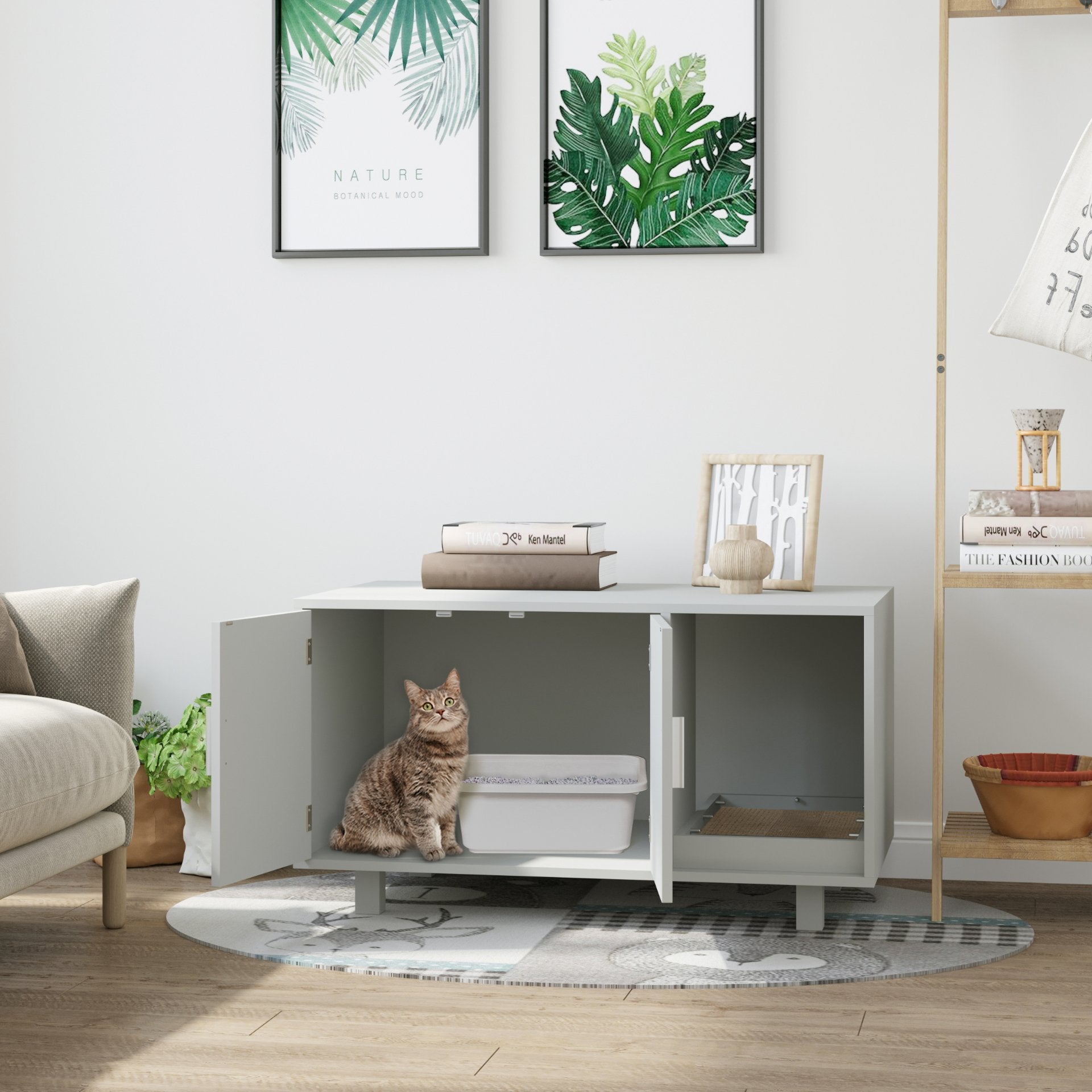 PawHut Wooden Cat Litter Box Enclosure & House with Nightstand/End Table Design, Scratcher, & Magnetic Doors, Grey - Baig Merchant